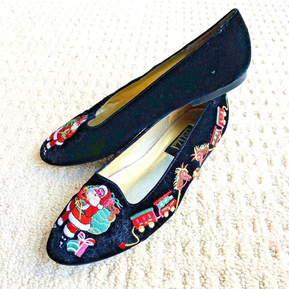 Vintage Pritzi Christmas Holiday Flats Dressy Shoes Black Velvet & Embroidery 7M - Picture 11 of 13